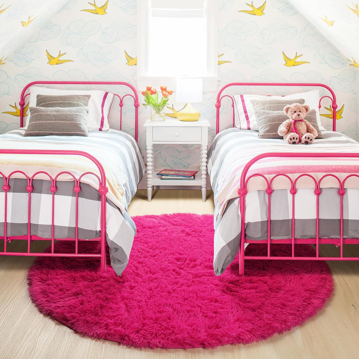 Hot Pink round Rugs 5Ft for Girls Bedroom, Fluffy Circle Area Rug for Kids Room Decor Aesthetic, Shag Plush Fuzzy Furry Carpet for Living Room, Nursery, Dorm, Classroom, Teen, Cute Princess Baby Rug