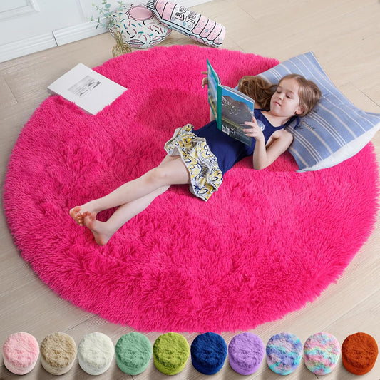 Hot Pink round Rugs 5Ft for Girls Bedroom, Fluffy Circle Area Rug for Kids Room Decor Aesthetic, Shag Plush Fuzzy Furry Carpet for Living Room, Nursery, Dorm, Classroom, Teen, Cute Princess Baby Rug