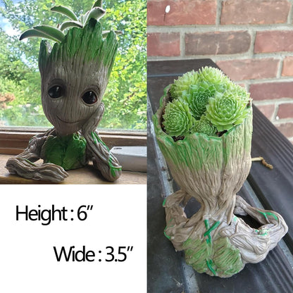 Baby Groot Pen Pot Tree Man Pens Holder or Flower Pot with Drainage Hole Perfect for a Tiny Succulents Plants 6" (Grayish Brown)