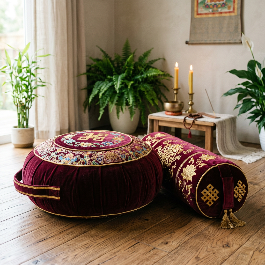 Meditation Cushion - Comfortable Floor Pillow - Traditional Tibetan Meditation Pillow with Beautiful Velvet Cover - Large Floor Cushion Seating for Adults - Premium Yoga Buckwheat Bolster